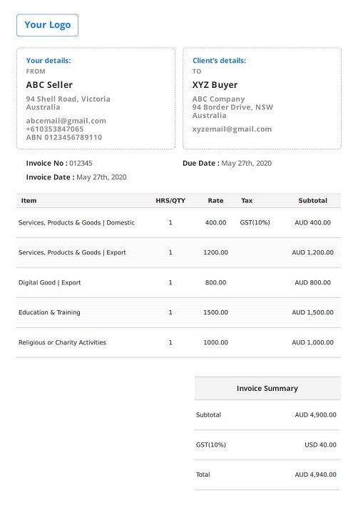 invoice template excel australia