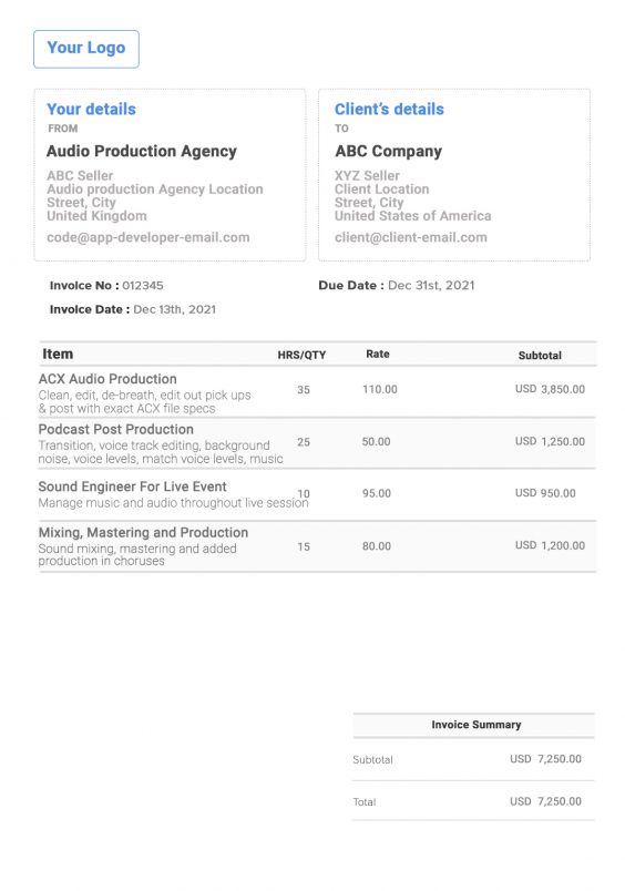 Audio Production Invoice