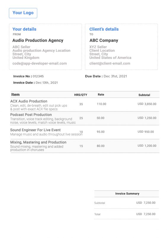 Music Production Invoice Template