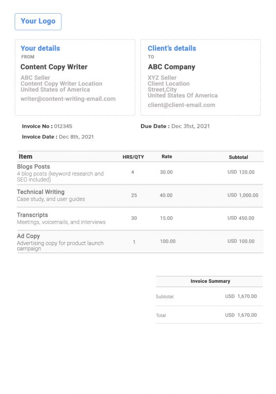 Content and Copy Writer Invoice