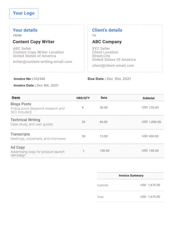 freelance writer invoice