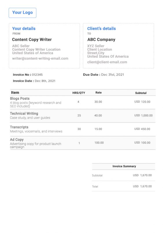 Writing Invoice Template G4fdi89dep