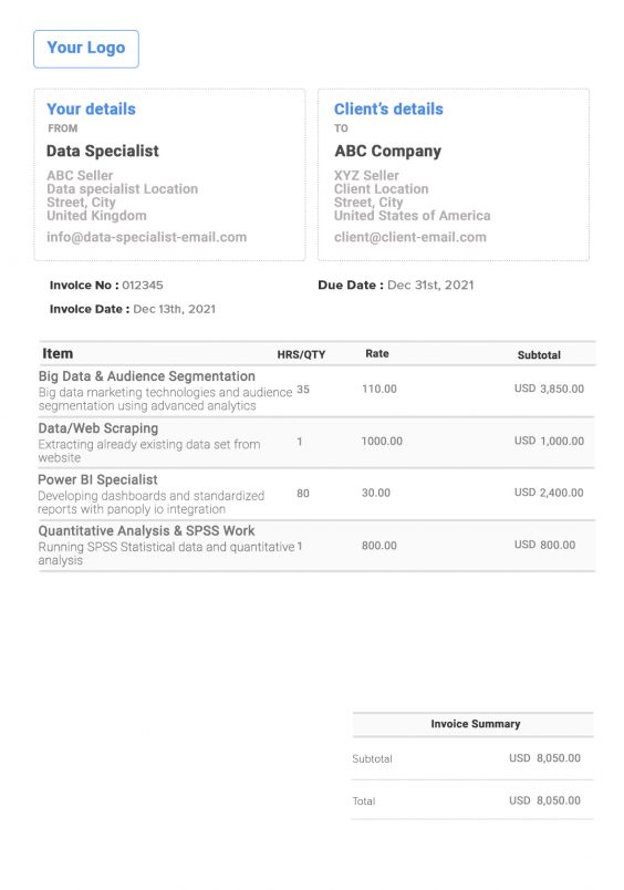 Data Specialist Invoice