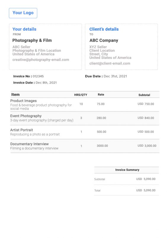 Photography and Film Invoice