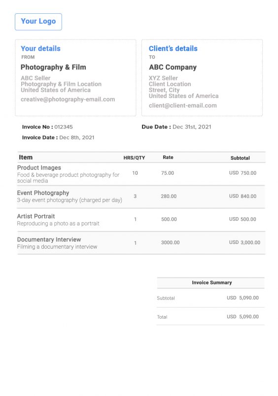 Photography & Filming Invoice Template 📃 Free Invoice Generator