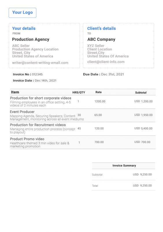 Production Agency Invoice