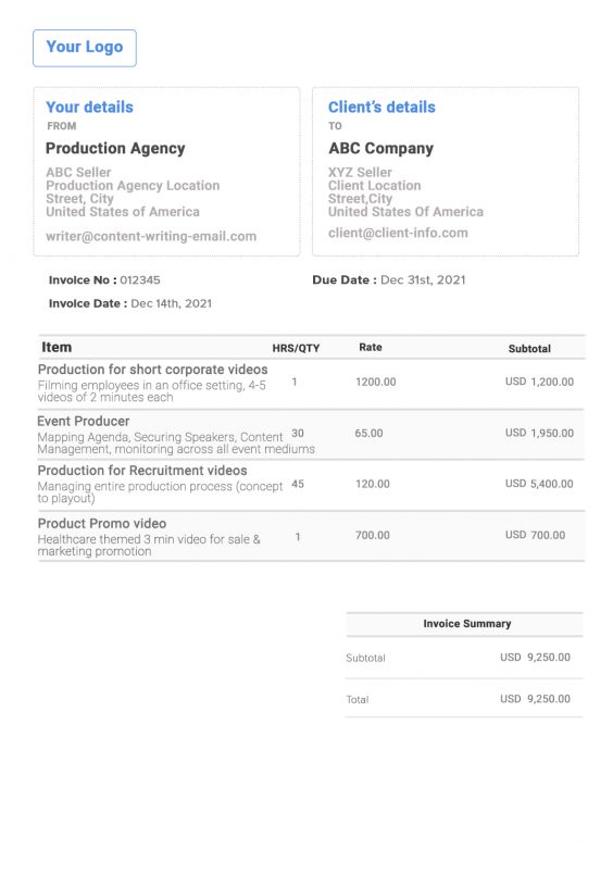 Production Assistant Invoice Template GladysJohnsen Blog