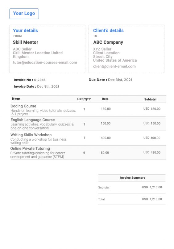 Receipt For Tutoring Services Template