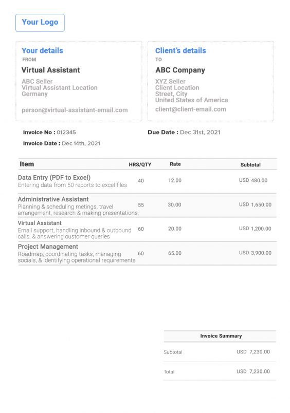 virtual assistant invoice template free invoice generator