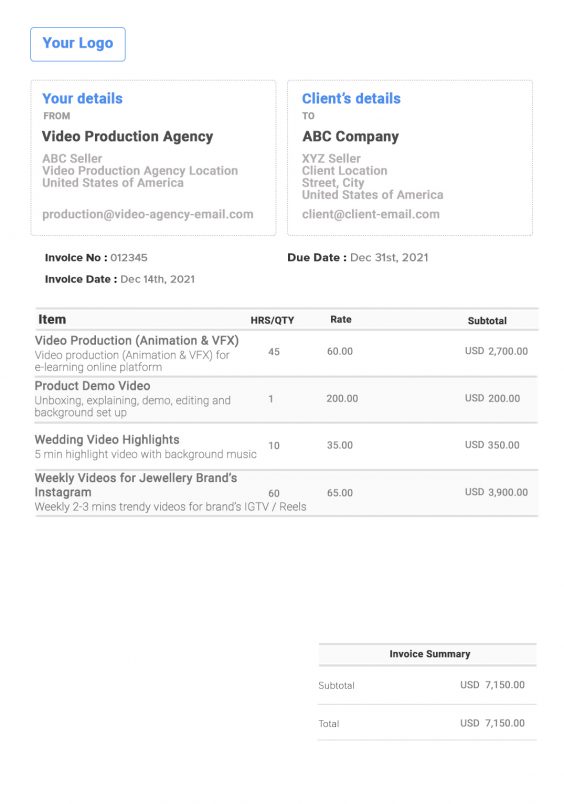 Video Production & Videography Invoice Template | Free Invoice Generator