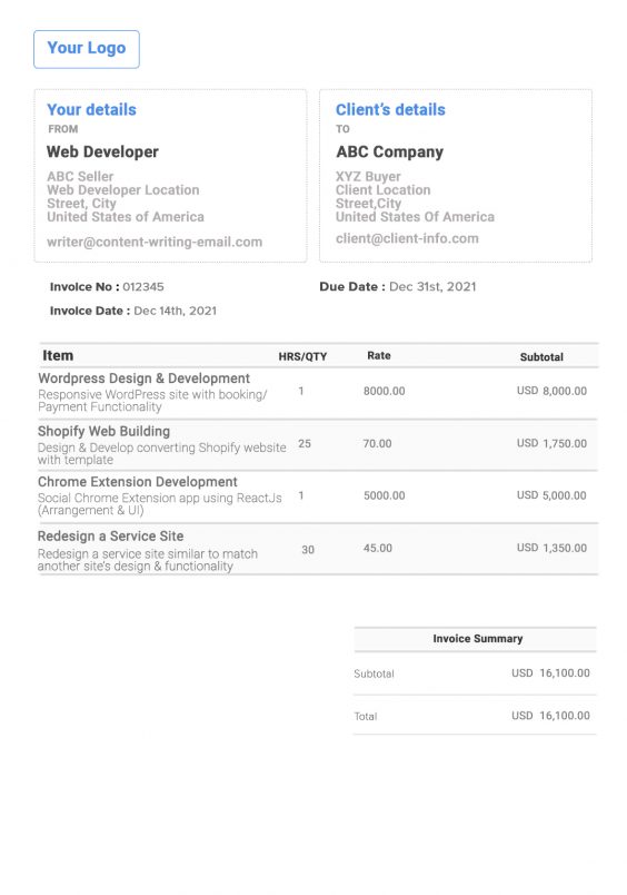 Web Developer Invoice